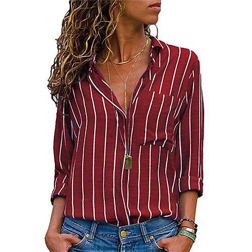 

Women's Striped Loose Shirt Daily Shirt Collar Black / Red / Yellow / Green