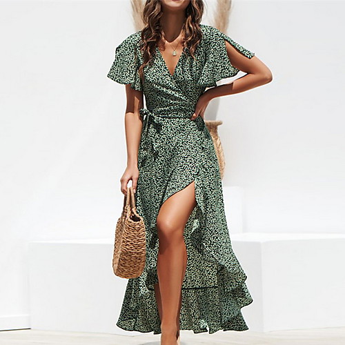 

Women's Sheath Dress Knee Length Dress Green Black Short Sleeve Polka Dot Print Deep V Basic Slim S M L XL XXL / Chiffon