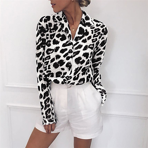 

Women's Leopard Blouse Basic Daily Shirt Collar White / Blushing Pink / Brown / Gray