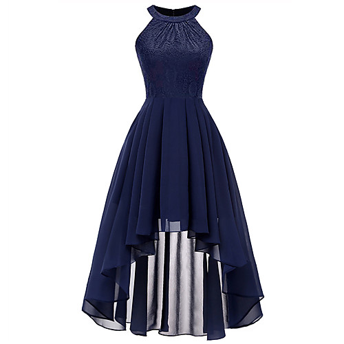 

A-Line Minimalist Elegant Party Wear Cocktail Party Dress Halter Neck Sleeveless Asymmetrical Nylon Lace with Pleats 2021