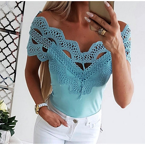 

Women's T shirt Solid Colored Off Shoulder Lace Fashion Off Shoulder Basic Tops White Black Blue