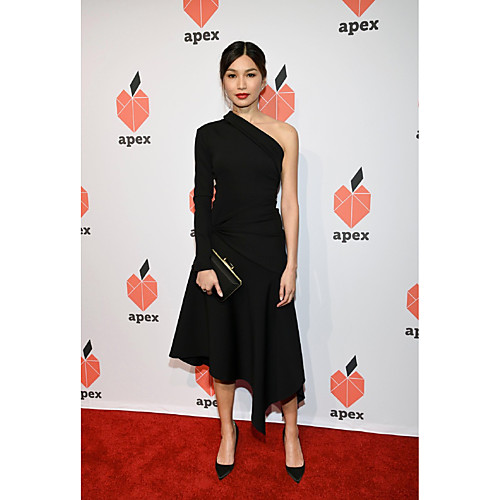 

A-Line Elegant Vintage Inspired Holiday Cocktail Party Dress One Shoulder Long Sleeve Asymmetrical Jersey with Ruched 2021