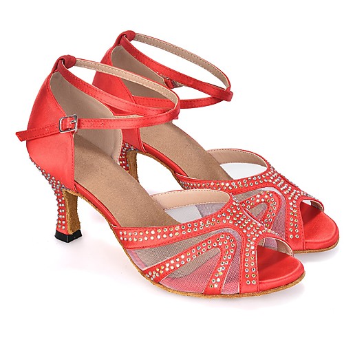 

Women's Latin Shoes Salsa Shoes Heel Sparkling Glitter Crystal / Rhinestone Flared Heel Red Black Blue Ankle Strap Glitter Crystal Sequined Jeweled / Performance / Leather