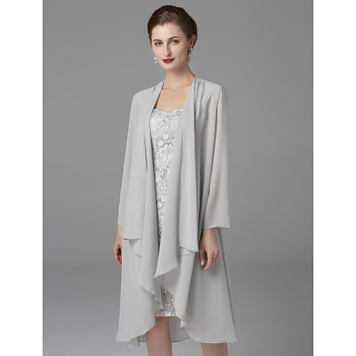 

Two Piece Sheath / Column Mother of the Bride Dress Wrap Included Square Neck Knee Length Chiffon Lace Long Sleeve with Lace Ruffles 2021