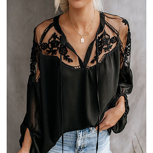 

Women's Blouse Shirt Plain Solid Colored Long Sleeve Mesh Lace V Neck Tops White Black