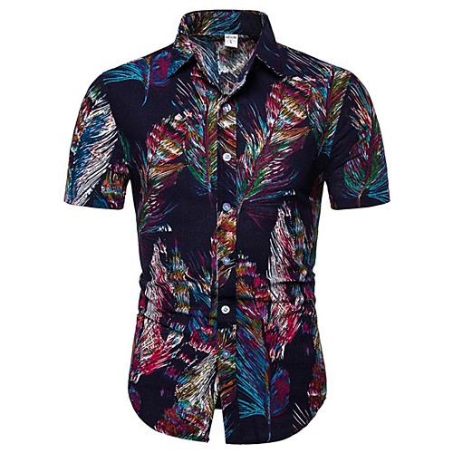 

Men's Shirt Color Block Geometric Floral Plus Size Print Tops Cotton Navy Blue