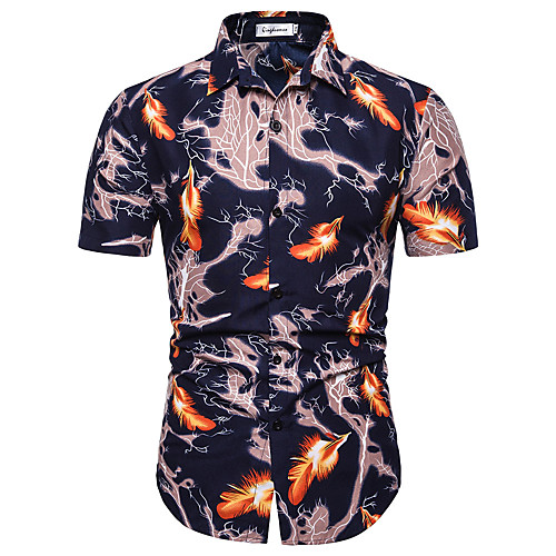 

Men's Shirt Geometric Floral Print Tops Cotton Navy Blue