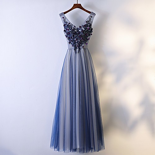 

A-Line V Neck Floor Length Tulle Bridesmaid Dress with Beading / Appliques
