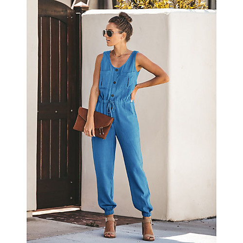 

Women's Black Blue Blushing Pink Jumpsuit Solid Colored Ruffle Fashion Button / Harem