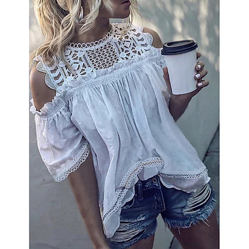 

Women's T shirt Solid Colored Ruffle Lace Round Neck Tops White Orange Brown