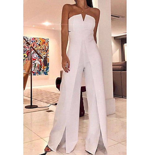 

Women's Elegant Sexy Streetwear Party Wedding Holiday 2021 White Slim Jumpsuit Solid Color Split Off Shoulder Fashion / Wide Leg