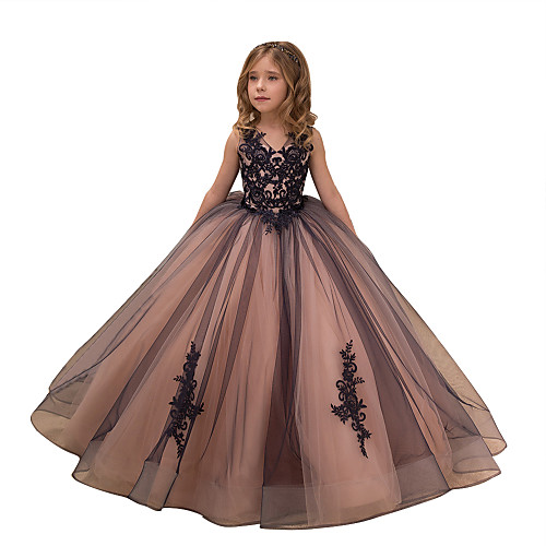 

Ball Gown Maxi Flower Girl Dresses Birthday Tulle Sleeveless V Neck with Lace