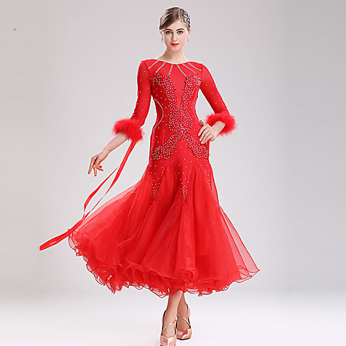 

Ballroom Dance Dress Split Joint Crystals / Rhinestones Women's Training Performance Long Sleeve Natural Mesh Spandex Feather / Fur