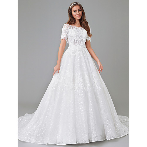 

A-Line Wedding Dresses Bateau Neck Court Train Lace Satin Tulle Short Sleeve See-Through with Lace Insert Appliques 2021