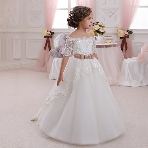 

Ball Gown Maxi Flower Girl Dresses Wedding Lace Half Sleeve Off Shoulder with Appliques