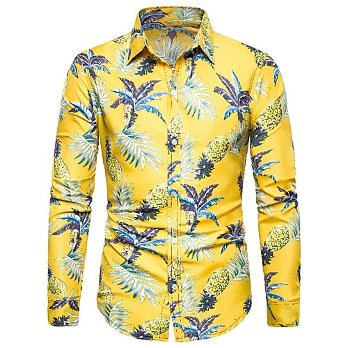 

Men's Shirt Graphic Geometric Floral Print Long Sleeve Casual Tops Cotton Vintage Streetwear Yellow