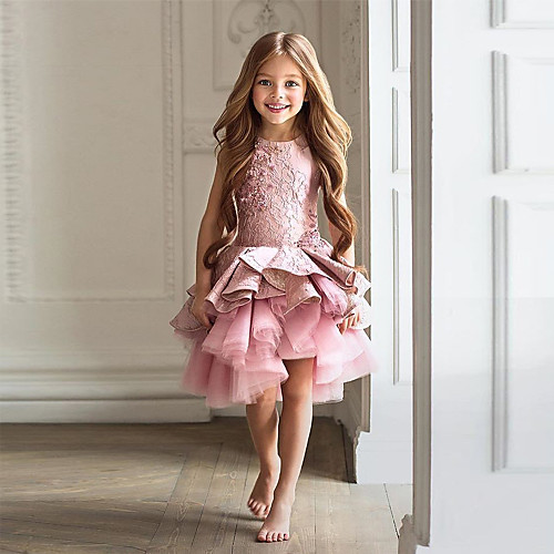 

A-Line Knee Length Flower Girl Dresses Wedding Tulle Sleeveless Jewel Neck with Lace