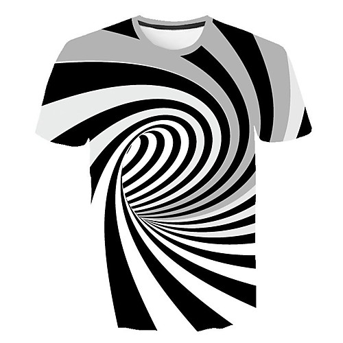 

Men's T shirt Shirt Striped Geometric 3D Slim Tops Round Neck White