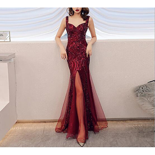 

Mermaid / Trumpet Sparkle Prom Formal Evening Dress Spaghetti Strap Sleeveless Floor Length Tulle Sequined with Sequin Split Front 2021