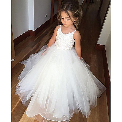 

Princess Long Length Flower Girl Dresses Wedding Tulle Sleeveless Jewel Neck with Lace