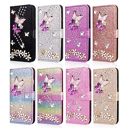 

Phone Case For Samsung Galaxy Full Body Case Leather Wallet Card Note 9 Note 8 Wallet Card Holder Rhinestone Butterfly Glitter Shine Hard PU Leather