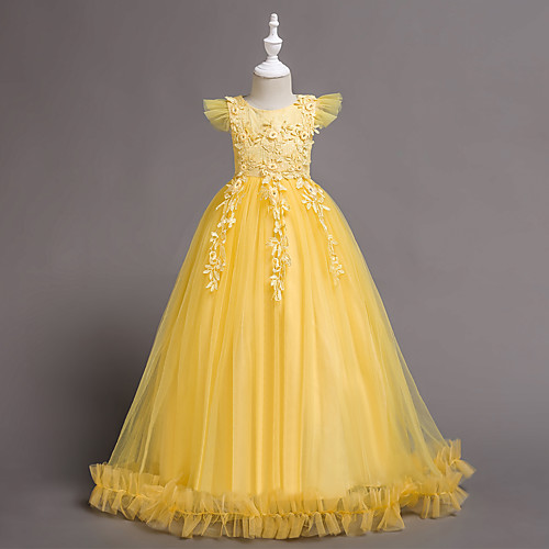 

Princess Floor Length Flower Girl Dresses Wedding Lace Short Sleeve Jewel Neck with Bow(s)