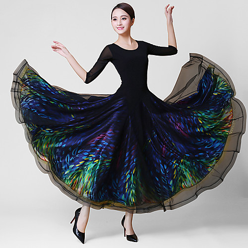 

Ballroom Dance Dress Glitter Split Joint Women's Training Performance 3/4 Length Sleeve Natural Crystal Cotton Mesh Elastane