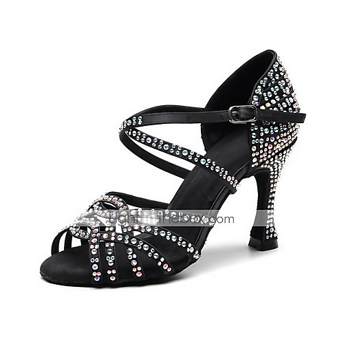 

Women's Latin Shoes Salsa Shoes Latin Salsa Dance Heel Crystals Flared Heel Black Ankle Strap Glitter Crystal Sequined Jeweled / Performance / Satin / Practice