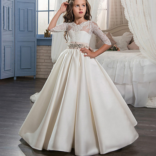 

Ball Gown Sweep / Brush Train Flower Girl Dresses Wedding Lace Half Sleeve V Neck with Beading