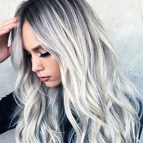 Synthetic Wig Wavy Asymmetrical Wig Medium Length Grey Synthetic