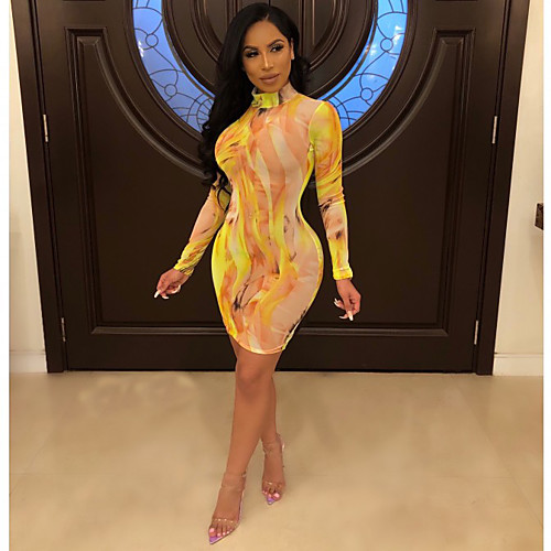 

Women's Sheath Dress Short Mini Dress - Long Sleeve Geometric Print Basic Elegant Slim Purple Red Yellow Green Light Blue S M L XL XXL