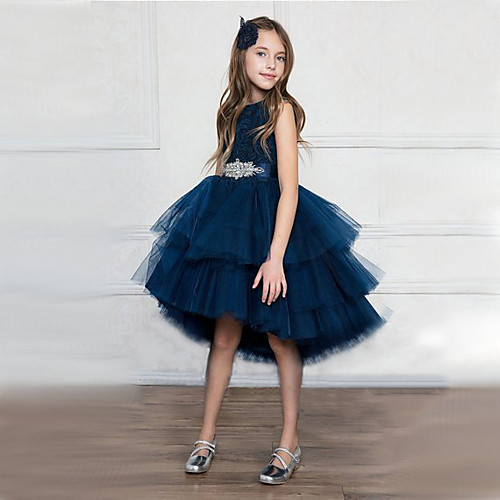 

Princess Asymmetrical Flower Girl Dresses Party Satin Sleeveless Jewel Neck with Belt