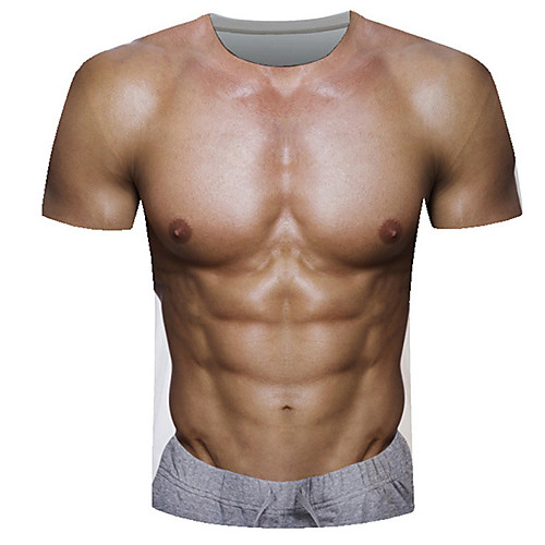

Men's Graphic Muscle Print T-shirt Daily Casual Round Neck Khaki / Summer / Short Sleeve