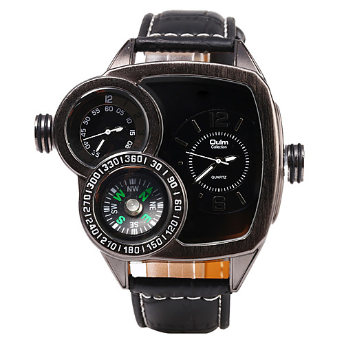 

Oulm Men's Military Watch Japanese Quartz Classic Leather Black / Brown Cute Compass Dual Time Zones Analog Vintage - Black Red Brown One Year Battery Life