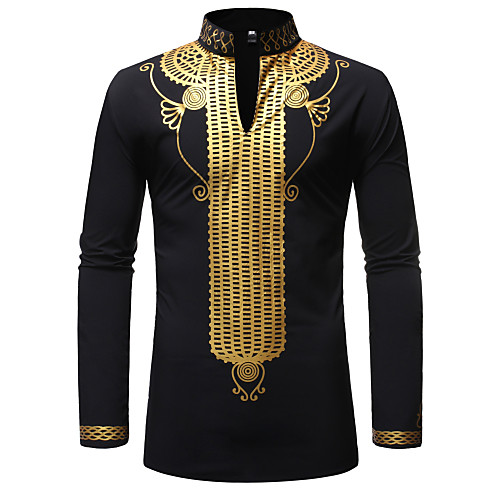 

Men's Tribal Print Shirt - Cotton Standing Collar White / Black / Red
