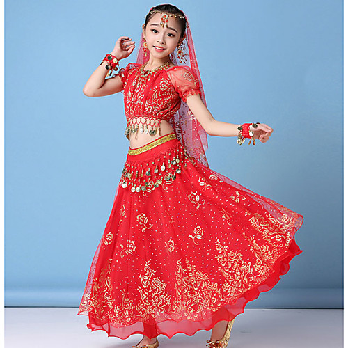 

Belly Dance Kids' Dancewear Hair Jewelry Lace Pattern / Print Paillette Girls' Training Performance Short Sleeve Dropped Chiffon Lace Sequined