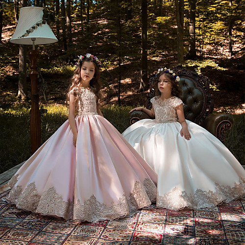 

Ball Gown Sweep / Brush Train Flower Girl Dresses Wedding Lace Cap Sleeve Jewel Neck with Acrylic