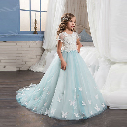 

Ball Gown Sweep / Brush Train Flower Girl Dresses Wedding Tulle Short Sleeve Jewel Neck with Lace