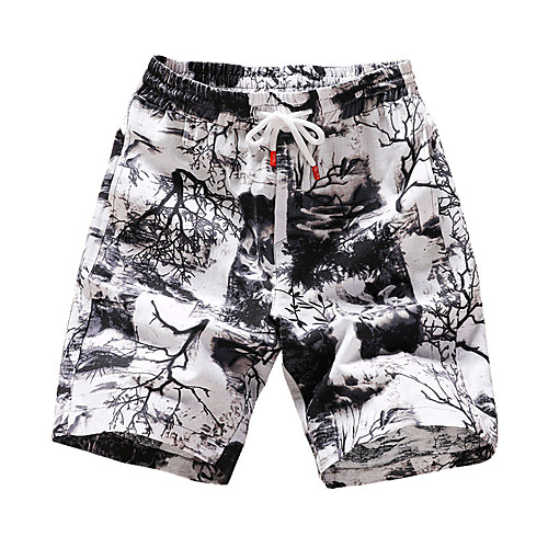

Men's Chinoiserie Plus Size Shorts Pants - Floral White Black Blue M / L / XL / Elasticity