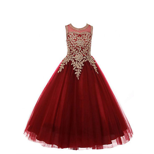 

Ball Gown Long Length Flower Girl Dresses Wedding Cotton / nylon with a hint of stretch Sleeveless Jewel Neck with Beading