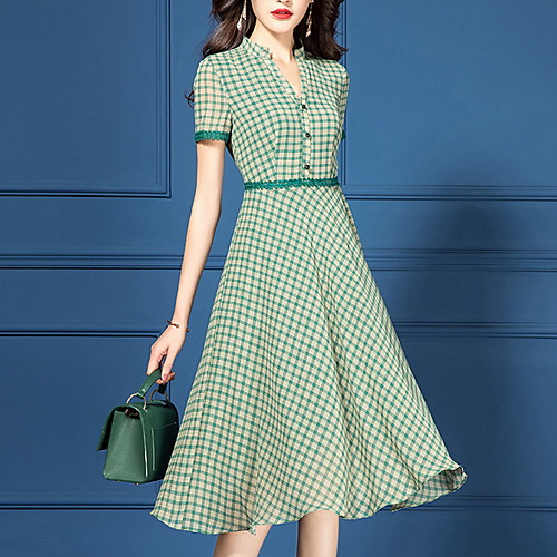 

Women's Green Dress Elegant A Line Plaid V Neck S M