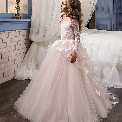 

Ball Gown Sweep / Brush Train Flower Girl Dresses Party Lace Long Sleeve Jewel Neck with Bow(s) / First Communion