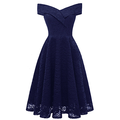 

A-Line Hot Holiday Cocktail Party Dress Off Shoulder Short Sleeve Knee Length Lace with Pleats Lace Insert 2021