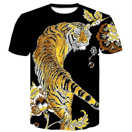 

Men's T shirt Floral Graphic Animal Plus Size Print Slim Tops Round Neck Black