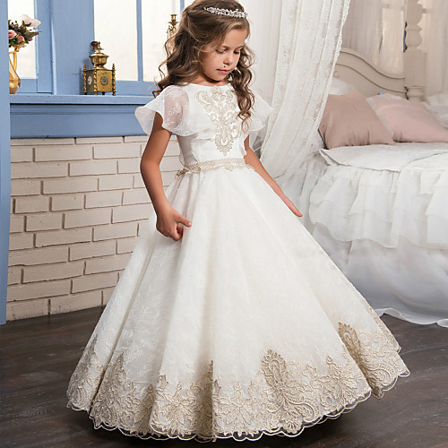 

Ball Gown Floor Length Flower Girl Dresses Wedding Lace Short Sleeve Jewel Neck with Lace