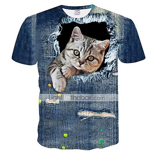 

Men's T shirt Shirt Graphic 3D Animal Plus Size Print Slim Tops T-Shirt Round Neck Blue