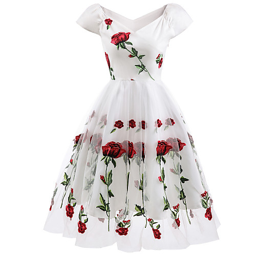 

A-Line White Floral Holiday Cocktail Party Valentine's Day Dress Off Shoulder Short Sleeve Knee Length Organza Stretch Satin with Embroidery Appliques 2021