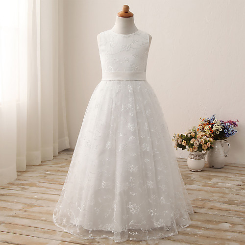 

Ball Gown Long Length Flower Girl Dresses Wedding Tulle Sleeveless Jewel Neck with Embroidery / First Communion