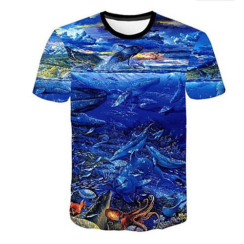 

Men's T shirt Shirt Graphic 3D Animal Plus Size Print Tops Round Neck Blue