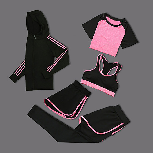 

Women's 5pcs Tracksuit Yoga Suit Summer Fashion Violet Fuchsia Gray Yoga Fitness Running High Waist Shorts Tee Tshirt Tank Top Sport Activewear Power Flex Micro-elastic